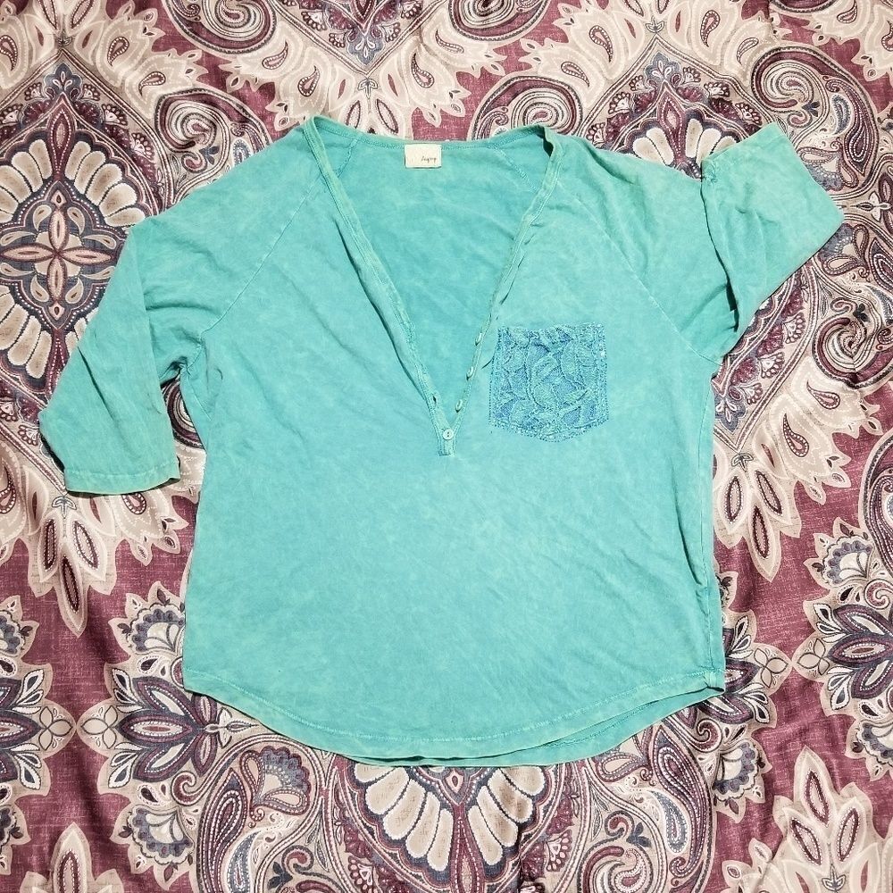 Daytrip Teal Acid Washed Rhinestone Plunging V-Neck Lace Oversized Tunic Blouse